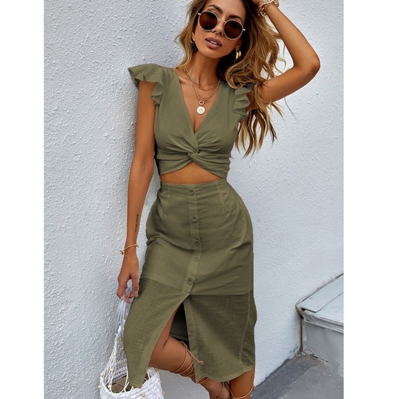 Army Green 2 Piece Outfit: Crop Top And Midi Skirt - Picture 5 of 9